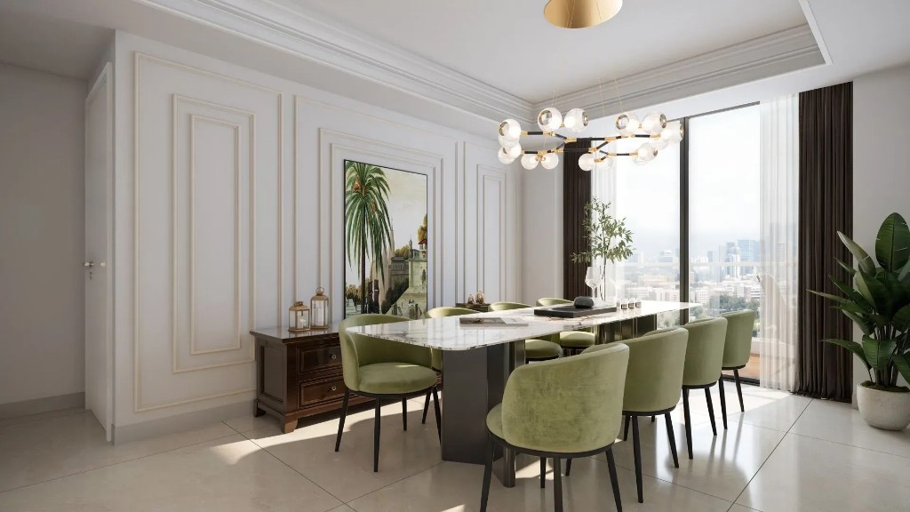 Formal dining room with city skyline view