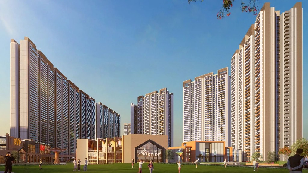 Residential towers and green lawns